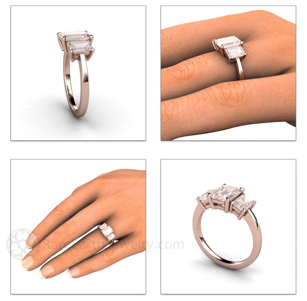 Emerald Cut Morganite Engagement Ring | Three Stone Morganite Ring, Rare Earth Jewelry