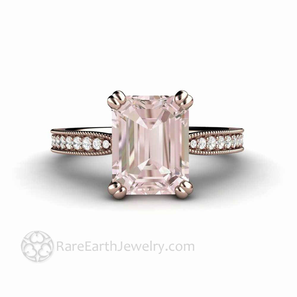 Emerald Cut Morganite Engagement Ring | Vintage Solitaire with Diamond Accents, Rare Earth Jewelry