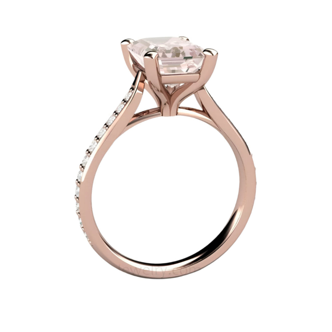 Profile view of Emerald Cut Morganite Engagement Ring showing Cathedral Solitaire Setting in Rose Gold | Rare Earth Jewelry