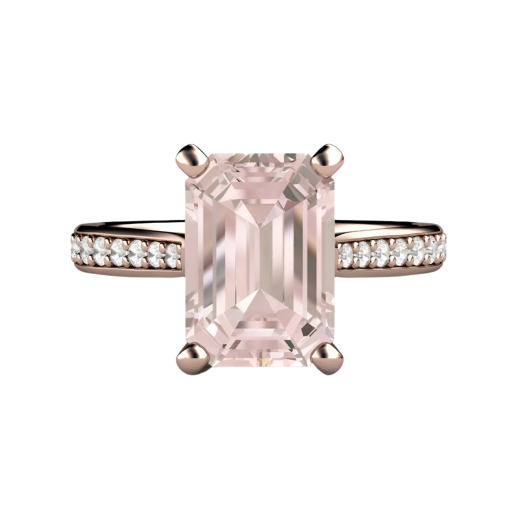 Solitaire Morganite Ring Engagement Ring Emerald Cut with Diamonds, Rare Earth Jewelry