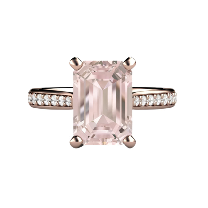 Solitaire Morganite Ring Engagement Ring Emerald Cut with Diamonds, Rare Earth Jewelry