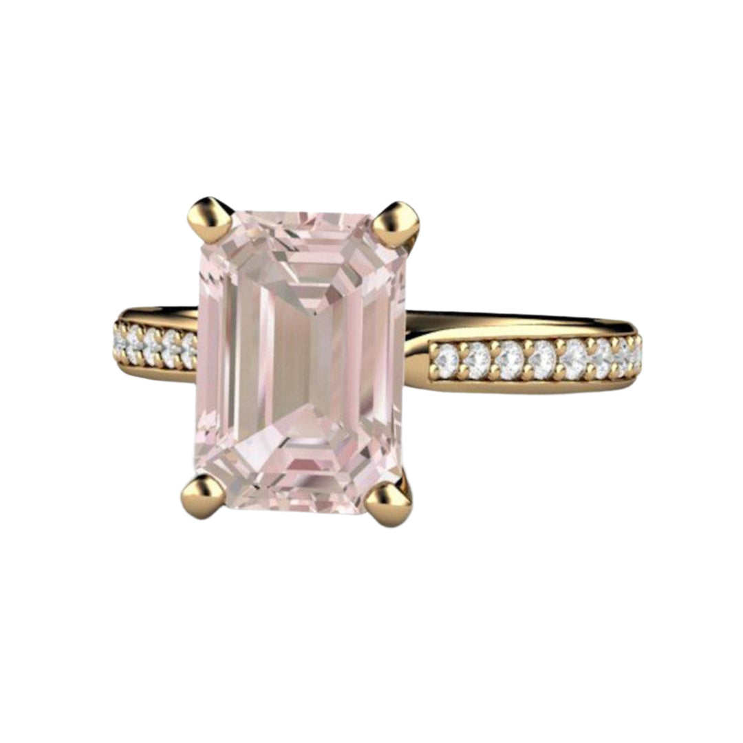 Solitaire Morganite Ring Engagement Ring Emerald Cut with Diamonds, Rare Earth Jewelry
