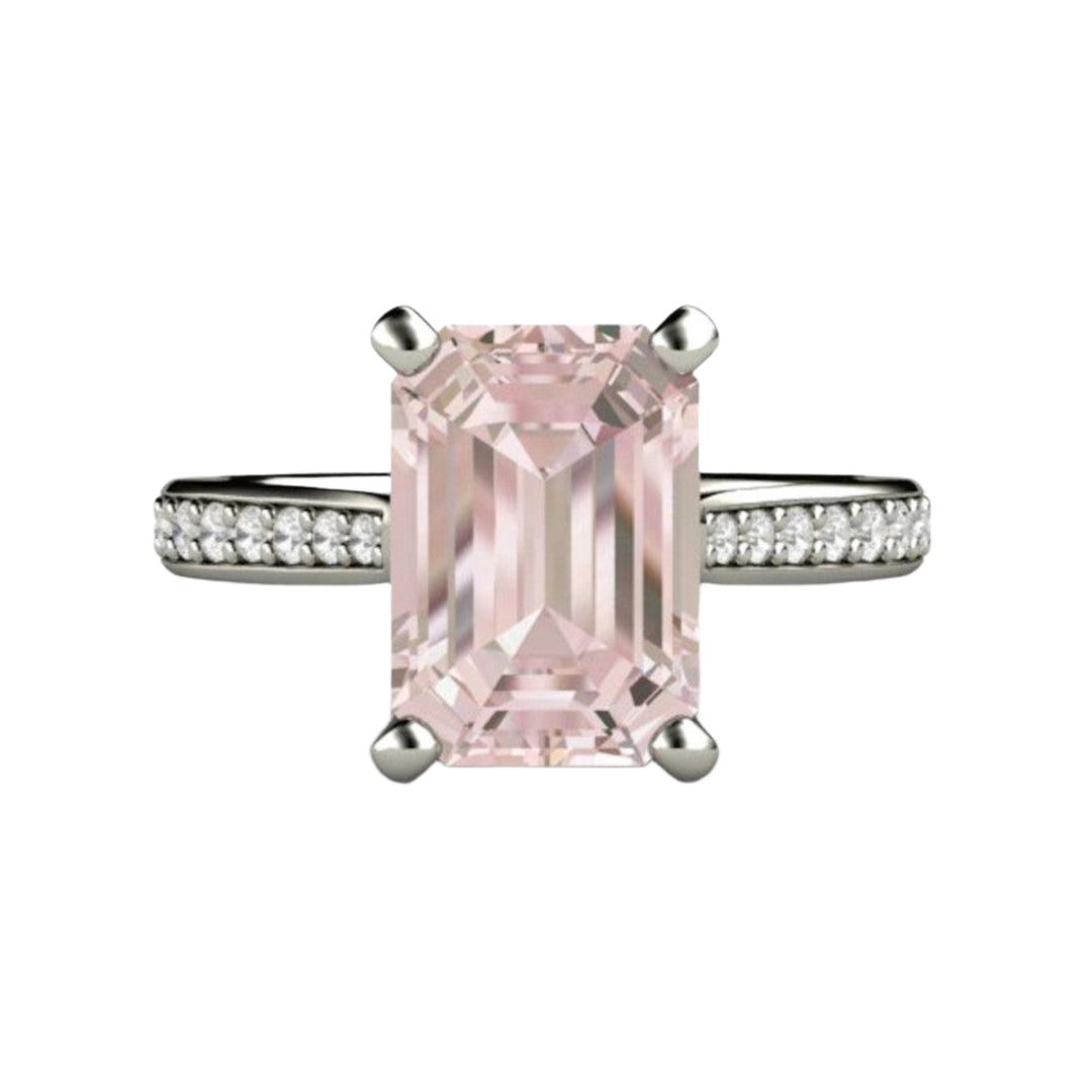Solitaire Morganite Ring Engagement Ring Emerald Cut with Diamonds, Rare Earth Jewelry