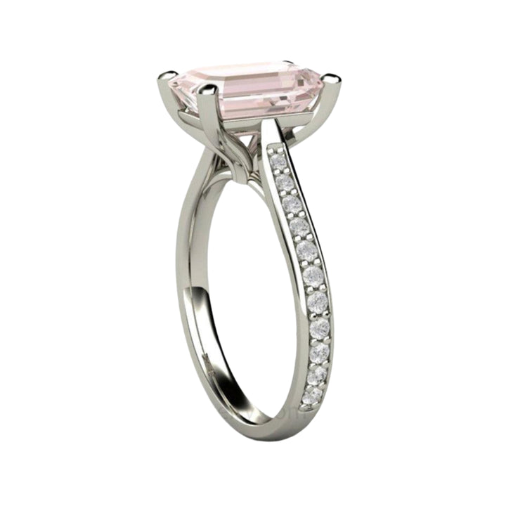 Solitaire Morganite Ring Engagement Ring Emerald Cut with Diamonds, Rare Earth Jewelry