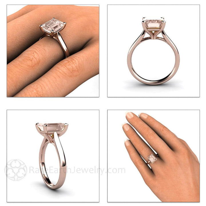 Emerald Cut Morganite Engagement Ring | Classic Peach Pink Morganite Solitaire, Rare Earth Jewelry