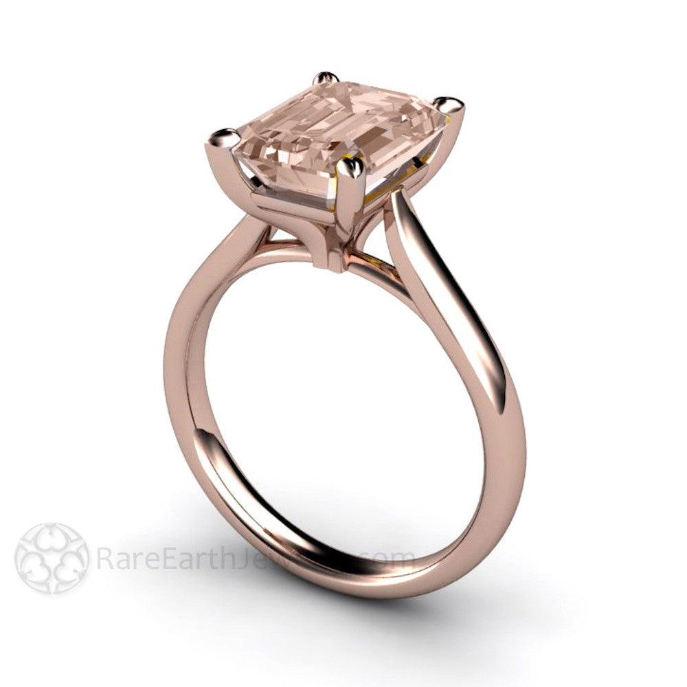 Emerald Cut Morganite Engagement Ring | Classic Peach Pink Morganite Solitaire, Rare Earth Jewelry