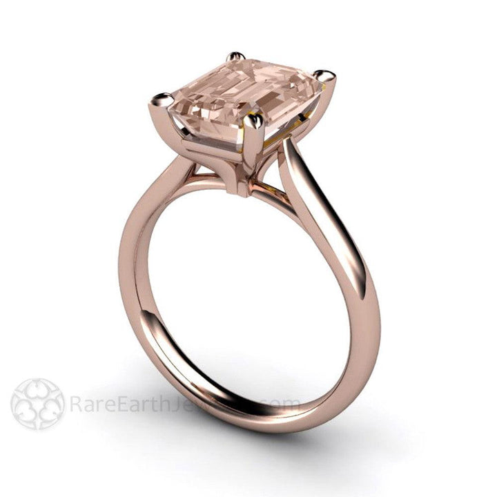 Emerald Cut Morganite Engagement Ring | Classic Peach Pink Morganite Solitaire, Rare Earth Jewelry