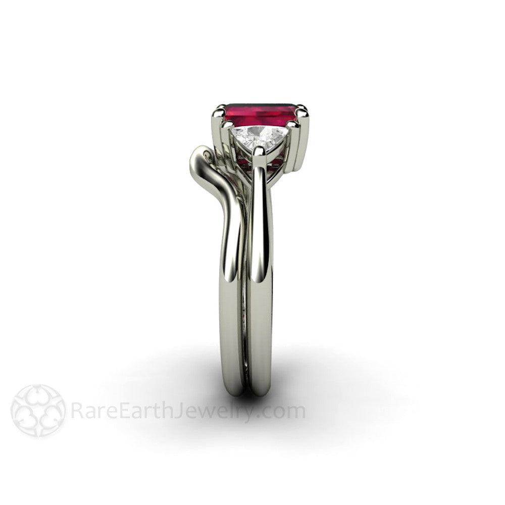Natural Ruby Engagement Ring Emerald Cut 3 Stone with Diamond Trillions, Rare Earth Jewelry
