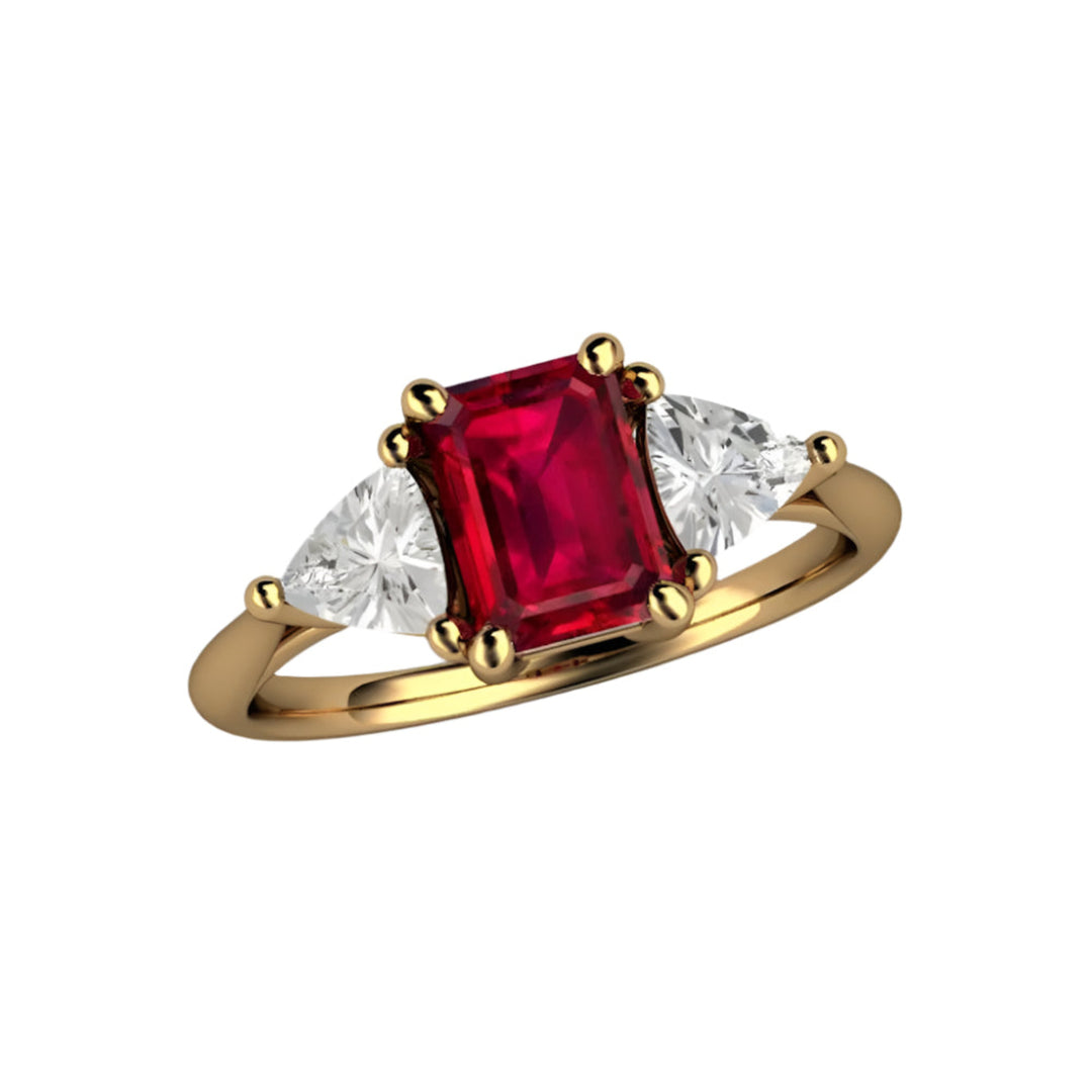 Natural Ruby Engagement Ring Emerald Cut 3 Stone with Diamond Trillions, Rare Earth Jewelry