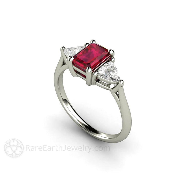 Natural Ruby Engagement Ring Emerald Cut 3 Stone with Diamond Trillions, Rare Earth Jewelry