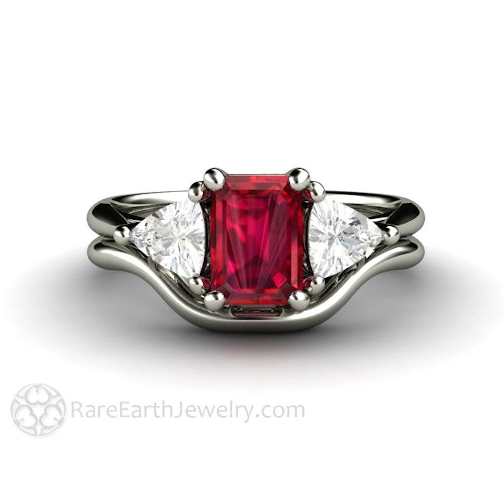 Natural Ruby Engagement Ring Emerald Cut 3 Stone with Diamond Trillions, Rare Earth Jewelry