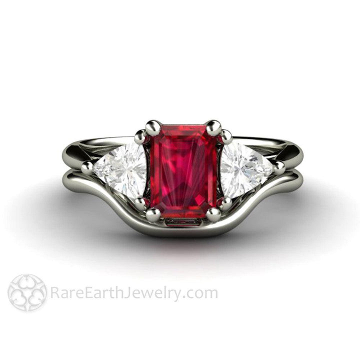 Natural Ruby Engagement Ring Emerald Cut 3 Stone with Diamond Trillions, Rare Earth Jewelry