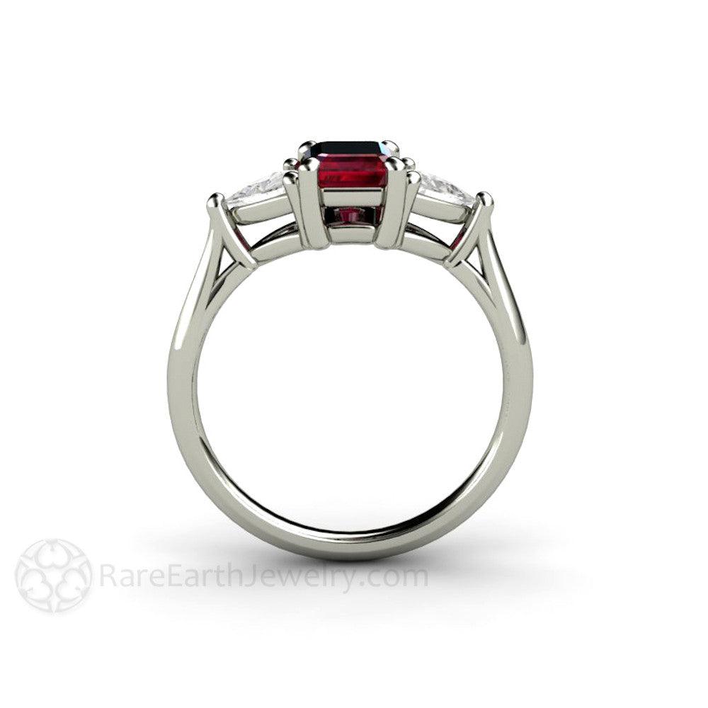 Natural Ruby Engagement Ring Emerald Cut 3 Stone with Diamond Trillions, Rare Earth Jewelry