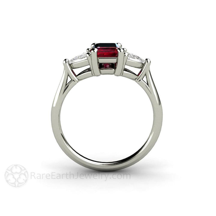 Natural Ruby Engagement Ring Emerald Cut 3 Stone with Diamond Trillions, Rare Earth Jewelry