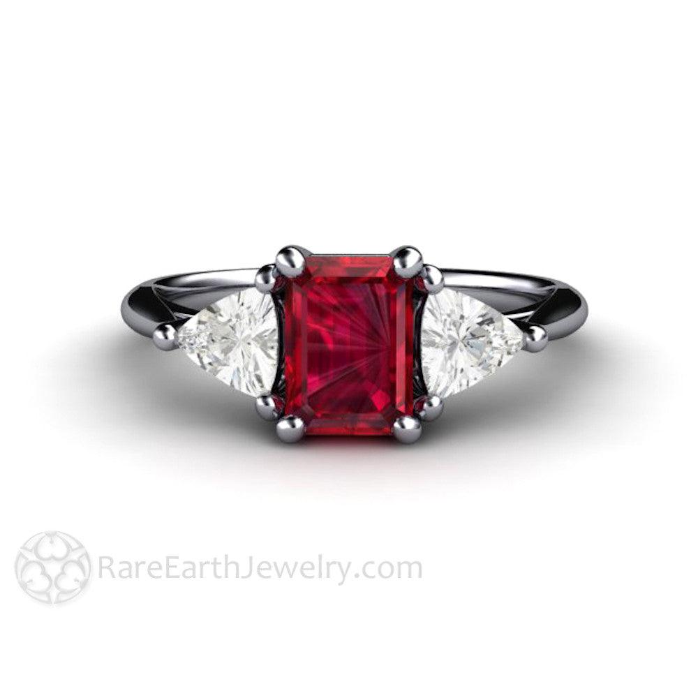 Natural Ruby Engagement Ring Emerald Cut 3 Stone with Diamond Trillions, Rare Earth Jewelry