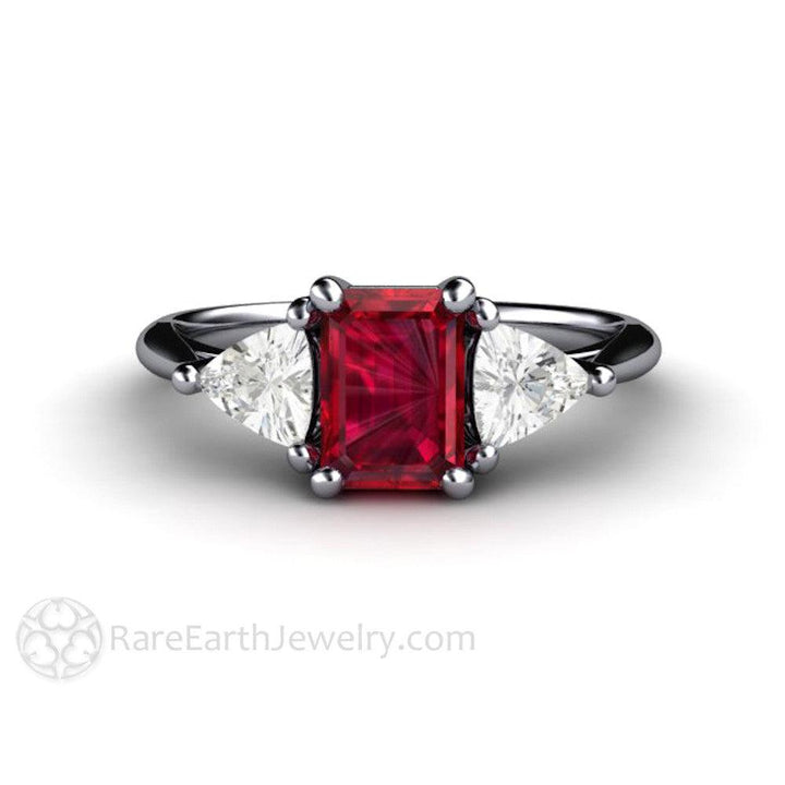 Natural Ruby Engagement Ring Emerald Cut 3 Stone with Diamond Trillions, Rare Earth Jewelry