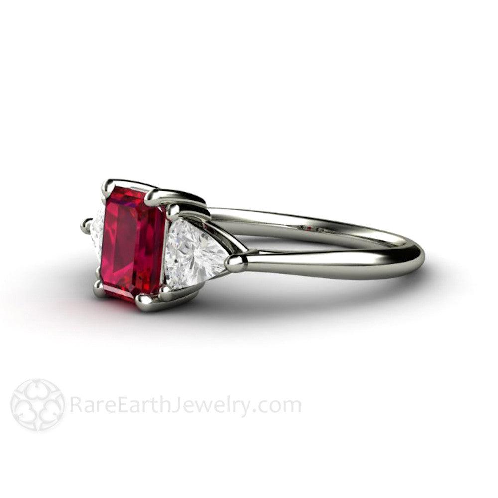 Natural Ruby Engagement Ring Emerald Cut 3 Stone with Diamond Trillions, Rare Earth Jewelry