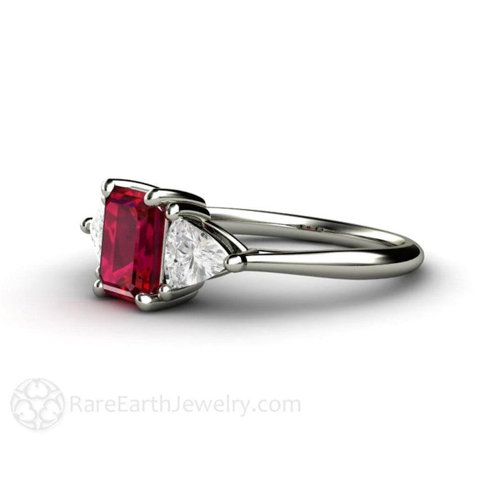 Natural Ruby Engagement Ring Emerald Cut 3 Stone with Diamond Trillions, Rare Earth Jewelry