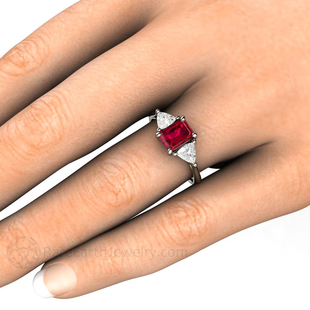 Natural Ruby Engagement Ring Emerald Cut 3 Stone with Diamond Trillions, Rare Earth Jewelry