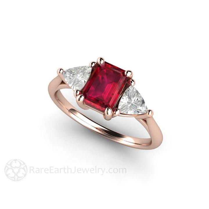 Natural Ruby Engagement Ring Emerald Cut 3 Stone with Diamond Trillions, Rare Earth Jewelry