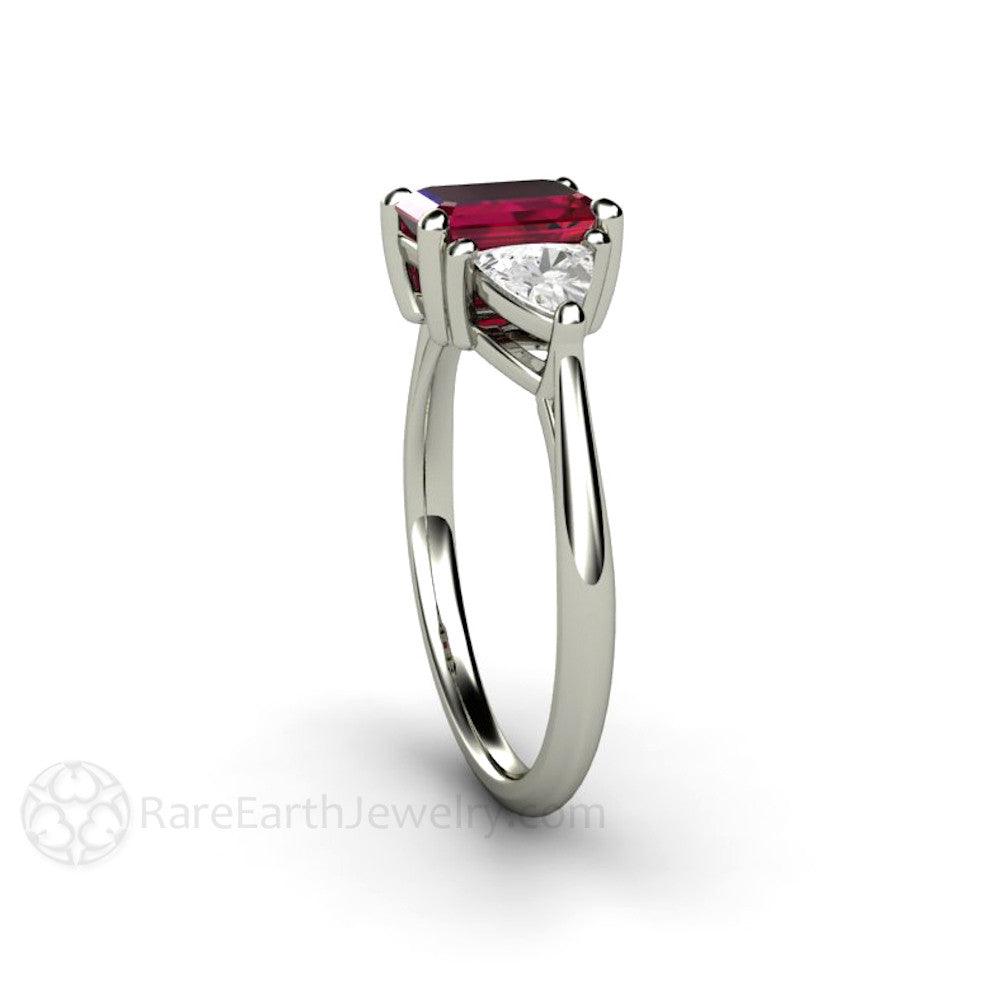 Natural Ruby Engagement Ring Emerald Cut 3 Stone with Diamond Trillions, Rare Earth Jewelry
