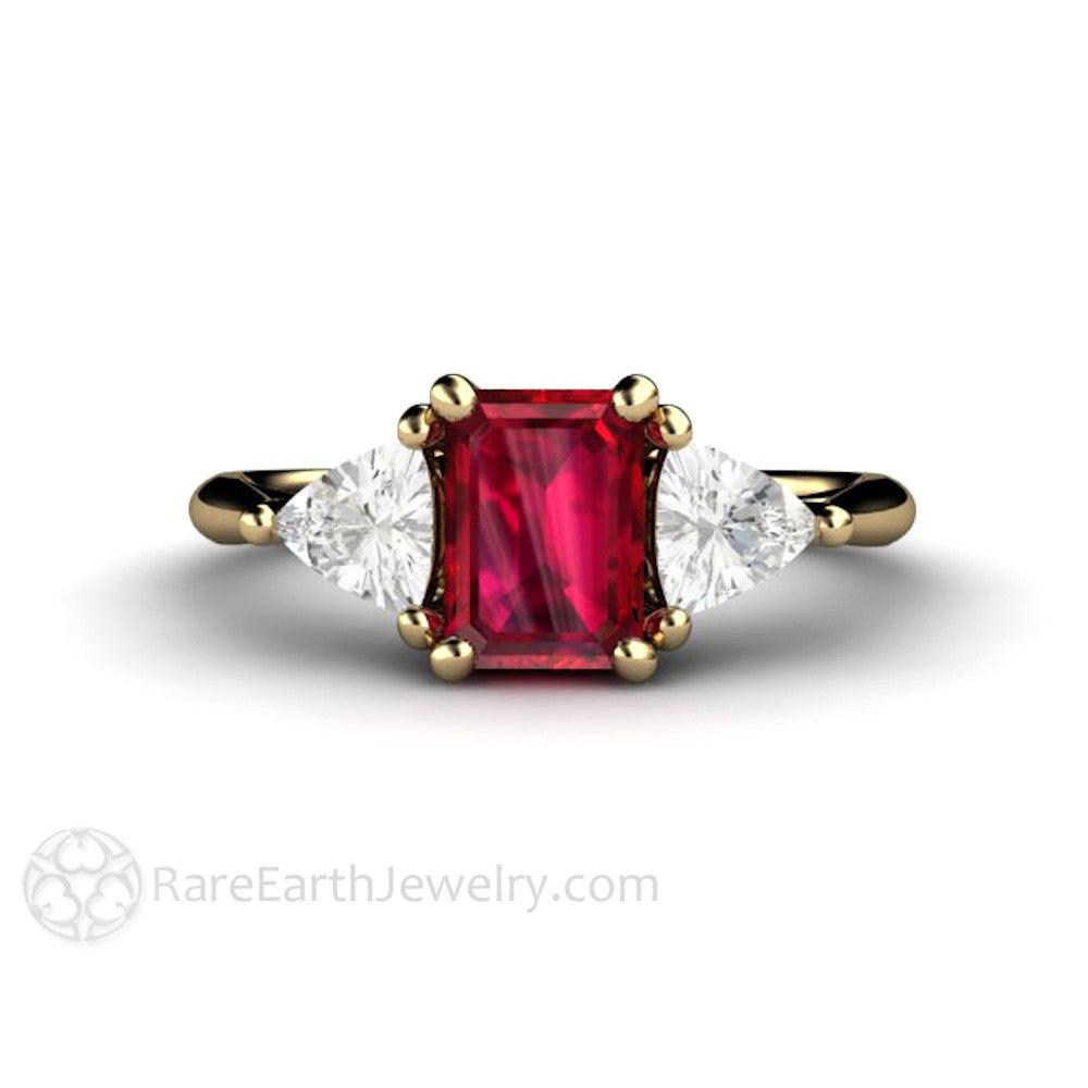 Natural Ruby Engagement Ring Emerald Cut 3 Stone with Diamond Trillions, Rare Earth Jewelry