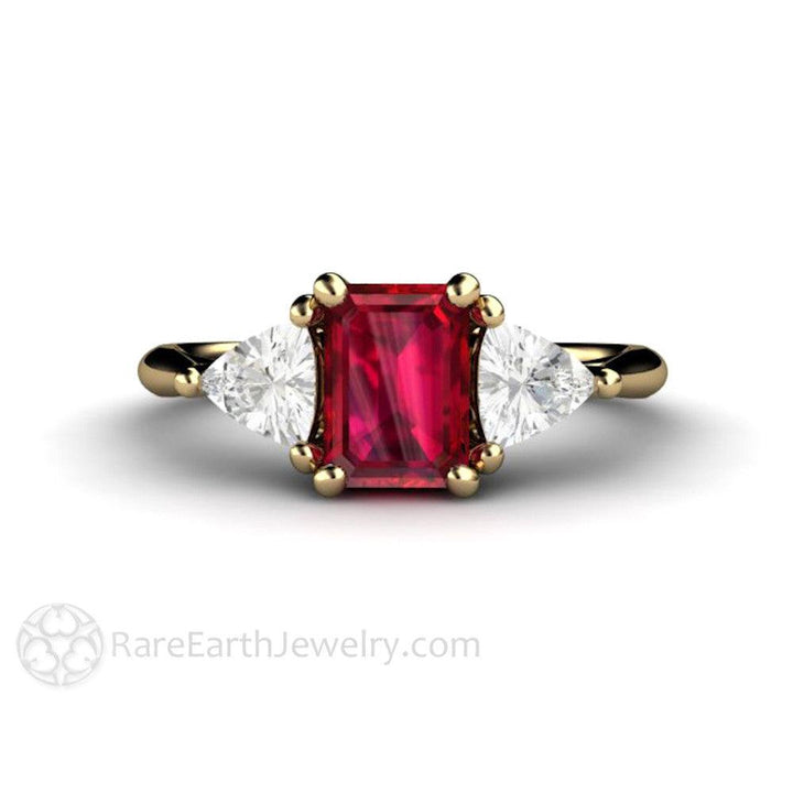 Natural Ruby Engagement Ring Emerald Cut 3 Stone with Diamond Trillions, Rare Earth Jewelry