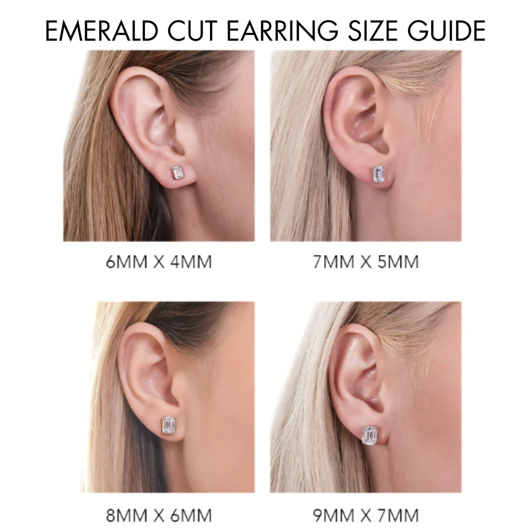 Emerald Cut Stud Earrings on the Ear, Size Chart