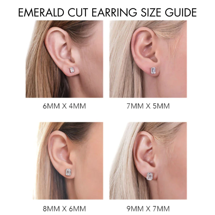 Emerald Cut Stud Earrings on the Ear, Size Chart