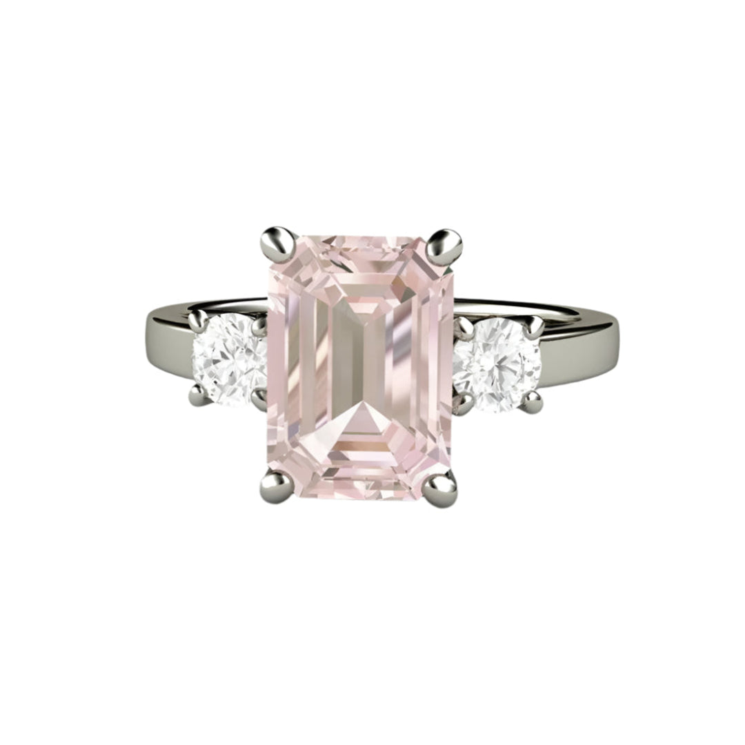 Emerald Cut Pink Morganite Engagement Ring, Three Stone Ring with Diamonds in 14K or 18K Gold | Rare Earth Jewelry