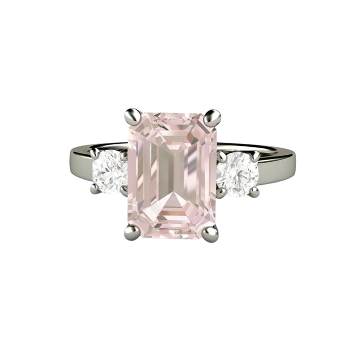 Emerald Cut Pink Morganite Engagement Ring, Three Stone Ring with Diamonds in 14K or 18K Gold | Rare Earth Jewelry