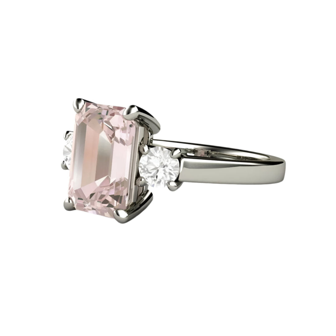 Three Stone Morganite Engagement Ring, Morganite and Diamond Ring in 14K or 18K Gold | Rare Earth Jewelry