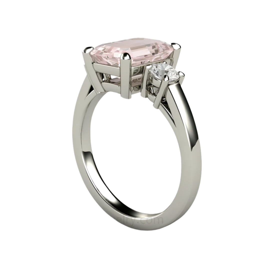 Emerald Cut Morganite 3 Stone Ring, Pink Stone Engagement Ring | Rare Earth Jewelry
