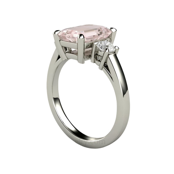Emerald Cut Morganite 3 Stone Ring, Pink Stone Engagement Ring | Rare Earth Jewelry