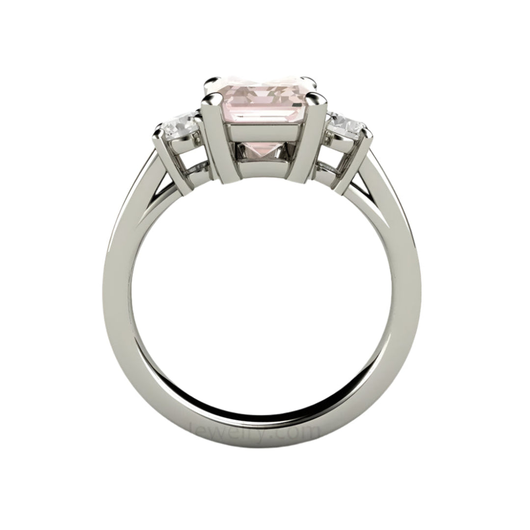 Profile View of Emerald Cut Pink Morganite Engagement Ring, Three Stone Ring with Diamonds in 14K or 18K Gold | Rare Earth Jewelry
