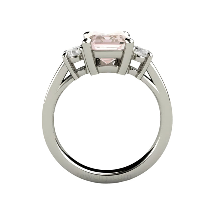 Profile View of Emerald Cut Pink Morganite Engagement Ring, Three Stone Ring with Diamonds in 14K or 18K Gold | Rare Earth Jewelry