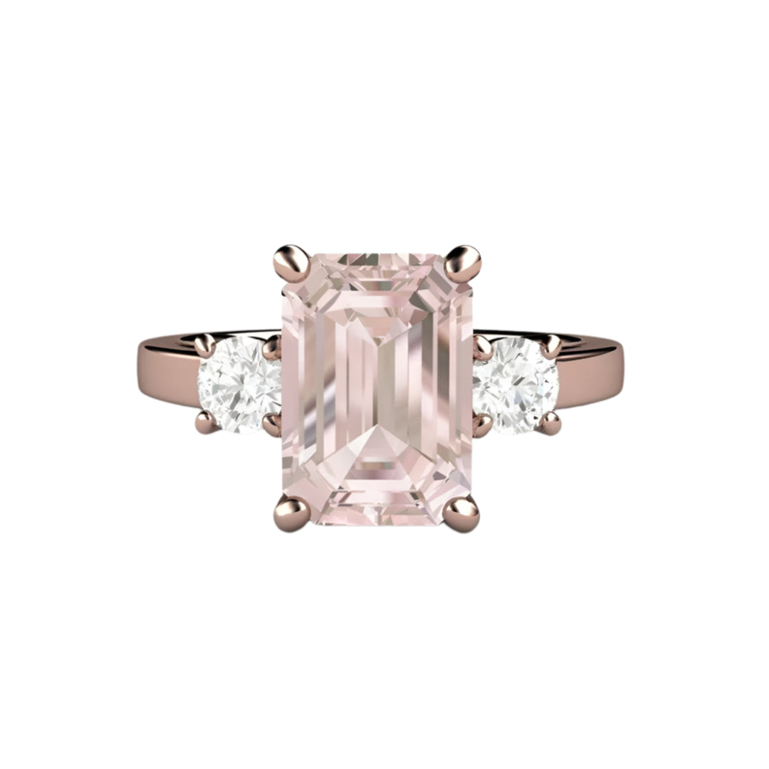 Emerald Cut Natural Morganite Engagement Ring, 3 Stone Style with Diamonds | Rare Earth Jewelry