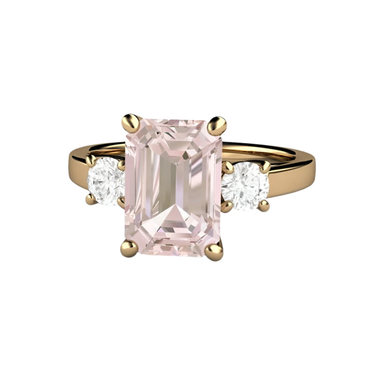Emerald Cut Pink Morganite Engagement Ring, Three Stone Ring with Diamonds in 14K or 18K Yellow Gold | Rare Earth Jewelry
