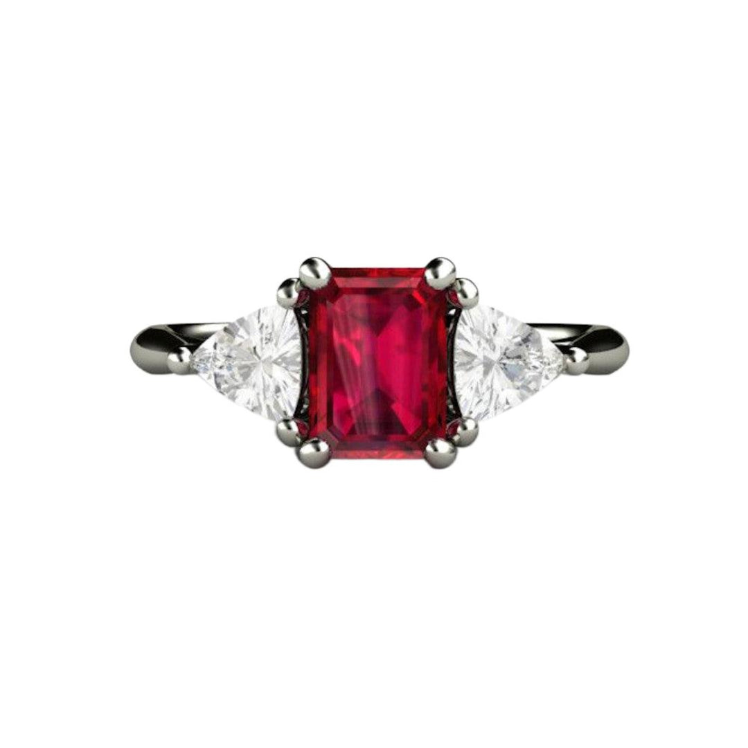 Emerald Cut Ruby Engagement Ring, Three Stone Design with Lab Grown Diamond Trillions in Gold or Platinum, July Birthstone Jewelry | Rare Earth Jewelry