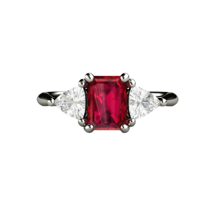 Emerald Cut Ruby Engagement Ring, Three Stone Design with Lab Grown Diamond Trillions in Gold or Platinum, July Birthstone Jewelry | Rare Earth Jewelry