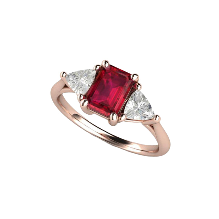 18K Rose Gold Emerald Cut Ruby Engagement Ring, 3 Stone Ruby Ring with Lab Grown Diamond Trillions, July Birthstone Ring | Rare Earth Jewelry