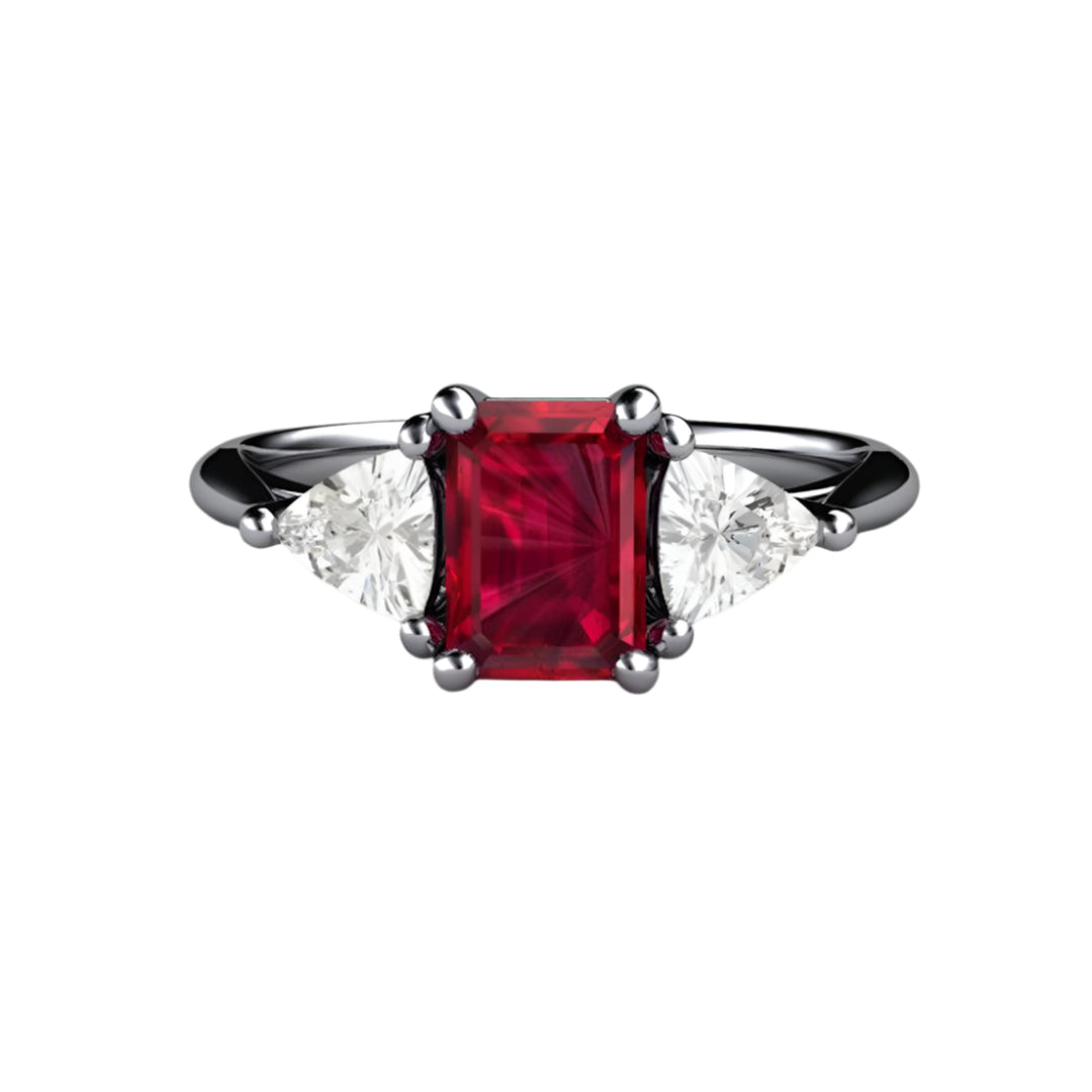 Platinum Emerald Cut Ruby Engagement Ring, 3 Stone Ruby Ring with Lab Grown Diamond Trillions, July Birthstone Ring | Rare Earth Jewelry