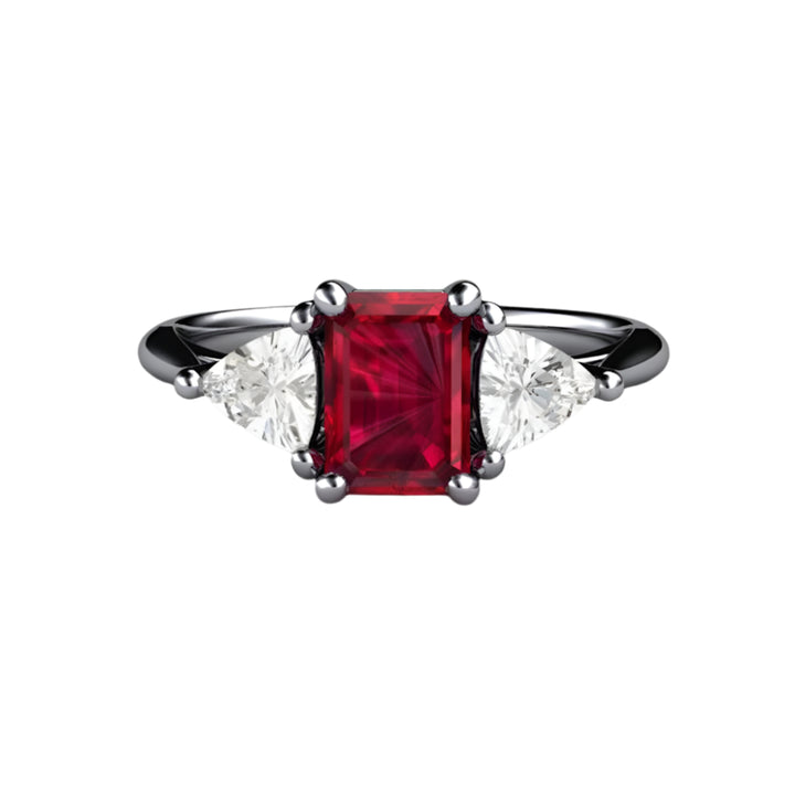 Platinum Emerald Cut Ruby Engagement Ring, 3 Stone Ruby Ring with Lab Grown Diamond Trillions, July Birthstone Ring | Rare Earth Jewelry