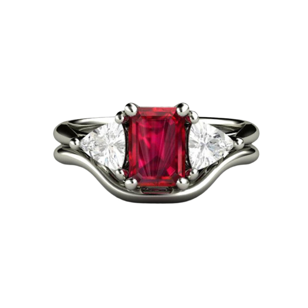 Emerald Cut Ruby Engagement Ring and Matching Wedding Ring, 3 Stone Wedding Set with Lab Grown Diamond Trillions in Gold or Platinum | Rare Earth Jewelry