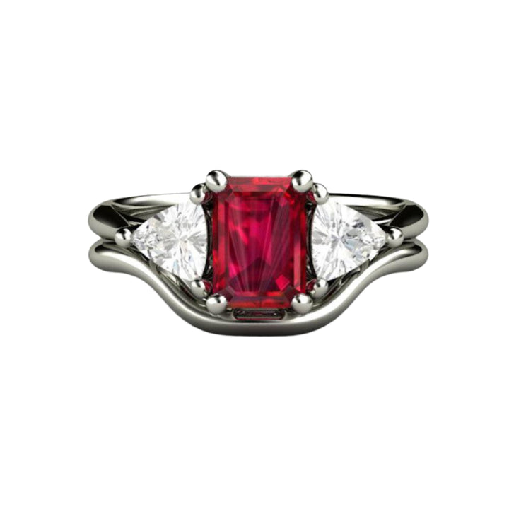 Emerald Cut Ruby Engagement Ring and Matching Wedding Ring, 3 Stone Wedding Set with Lab Grown Diamond Trillions in Gold or Platinum | Rare Earth Jewelry