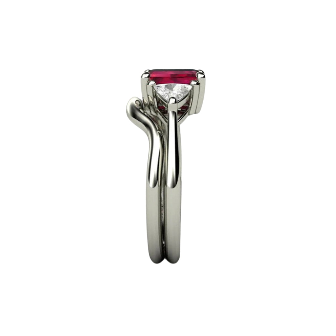 Side view of 3 Stone Ruby Engagement Ring and Wedding Band | Rare Earth Jewelry
