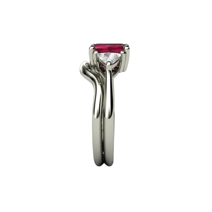 Side view of 3 Stone Ruby Engagement Ring and Wedding Band | Rare Earth Jewelry