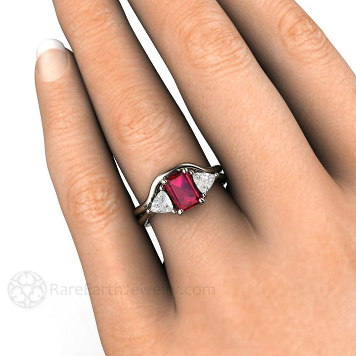Emerald Cut Ruby Engagement Ring, 3 Stone Ruby Ring with Lab Grown Diamonds, Wedding Set shown on the Hand | Rare Earth Jewelry