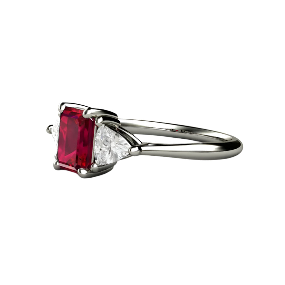 Three Stone Ruby Engagement Ring, Emerald Cut Lab Grown Ruby and Diamond Trillions in Gold or Platinum, July Birthstone | Rare Earth Jewelry