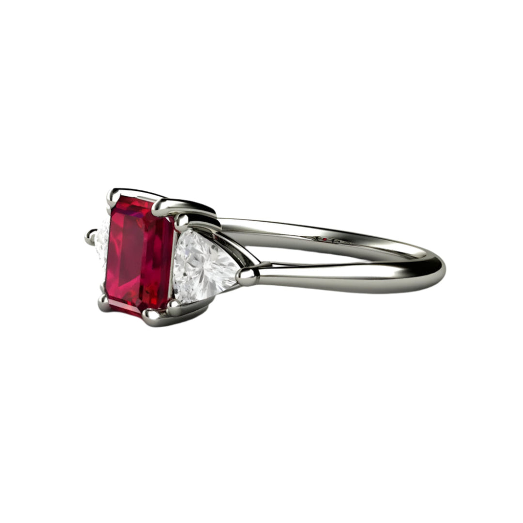 Three Stone Ruby Engagement Ring, Emerald Cut Lab Grown Ruby and Diamond Trillions in Gold or Platinum, July Birthstone | Rare Earth Jewelry